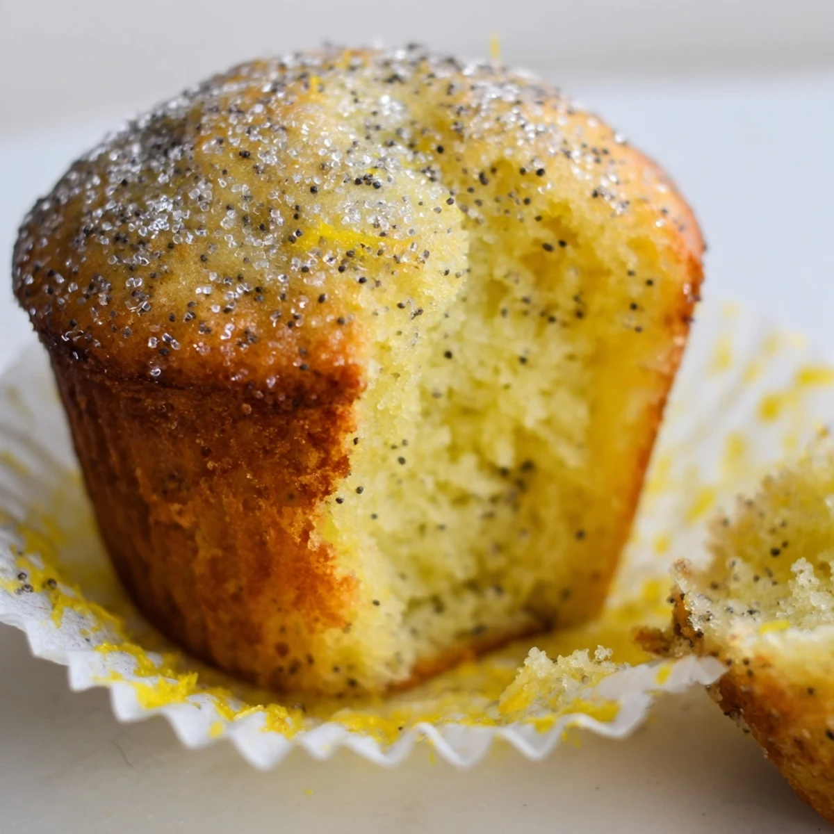 Fresh lemon poppy seed muffins cooling on a wire rack with speckled golden brown crusts