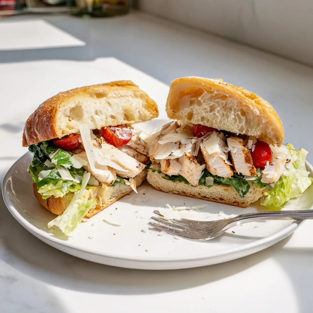 Juicy grilled chicken Caesar sandwich with crisp romaine and creamy dressing on golden toasted ciabatta