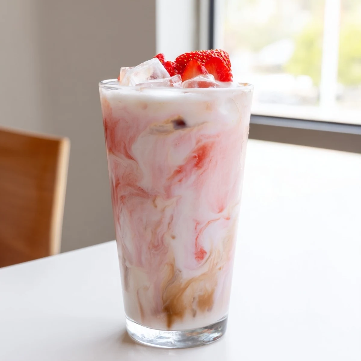 Creamy strawberry cold latte in a tall glass with marbled coffee layers and fresh berry garnish