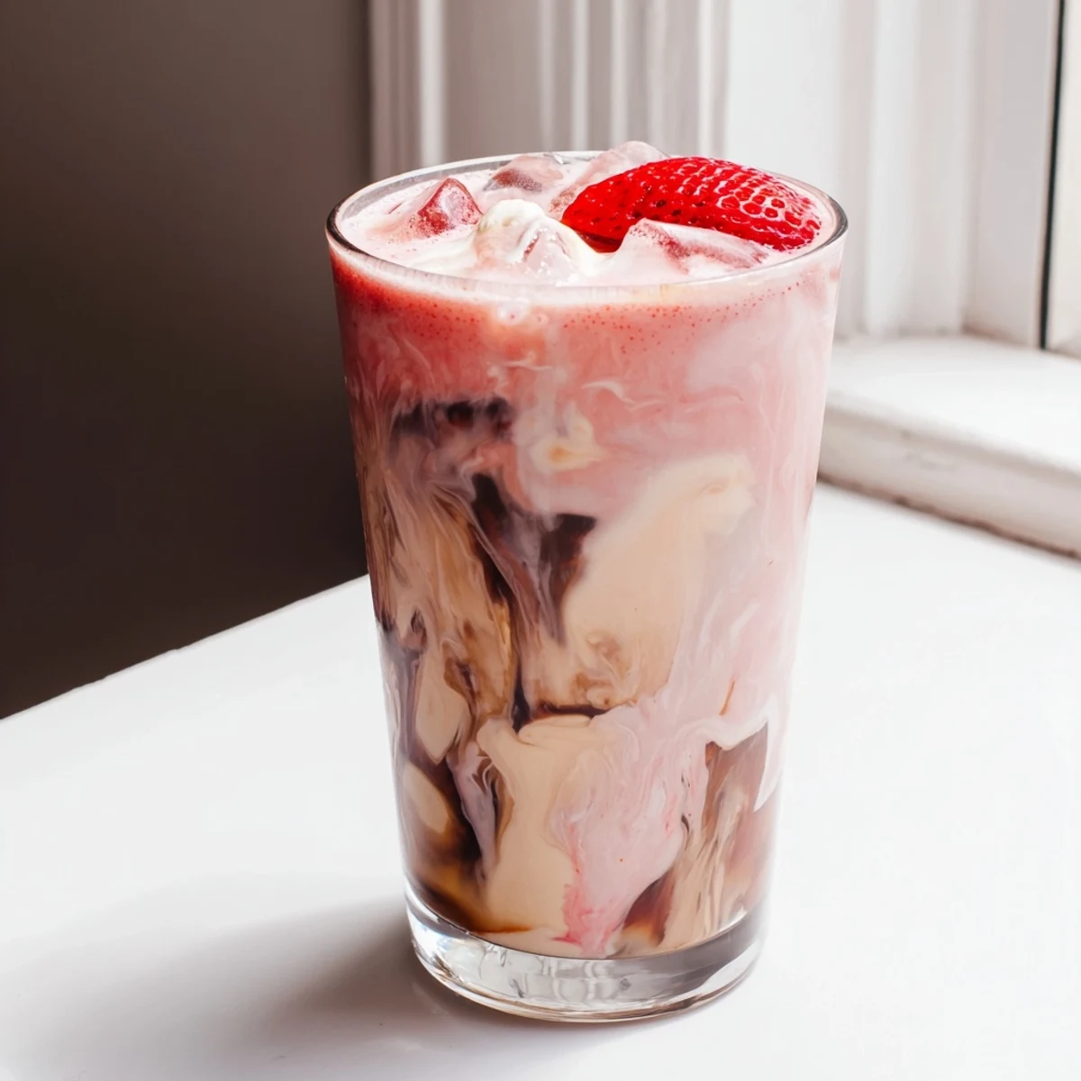 Refreshing strawberry cream cold latte served over ice with whipped cream topping and strawberry pieces