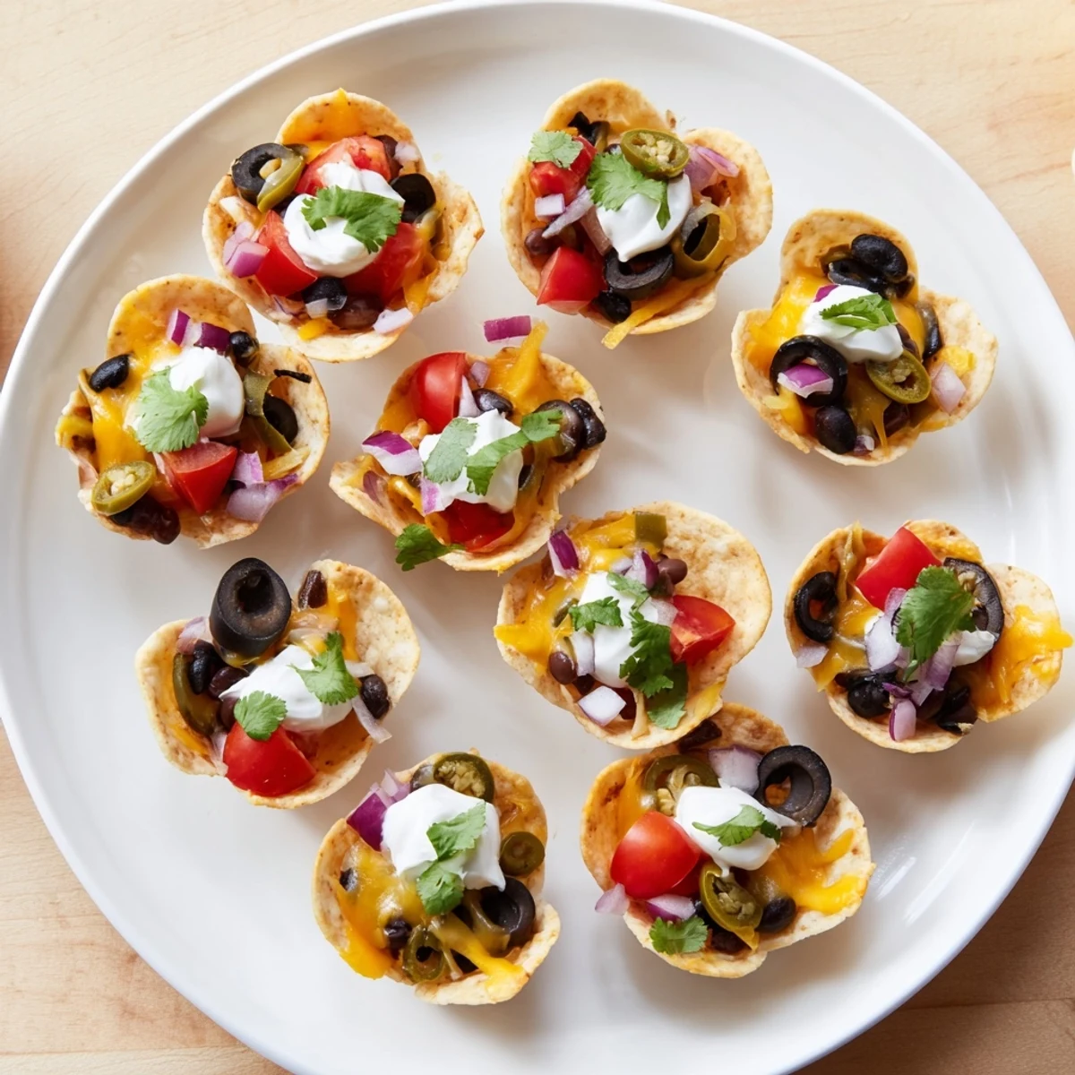 Golden cheesy nacho cups bubbling with melted cheddar and colorful fresh toppings in muffin tin