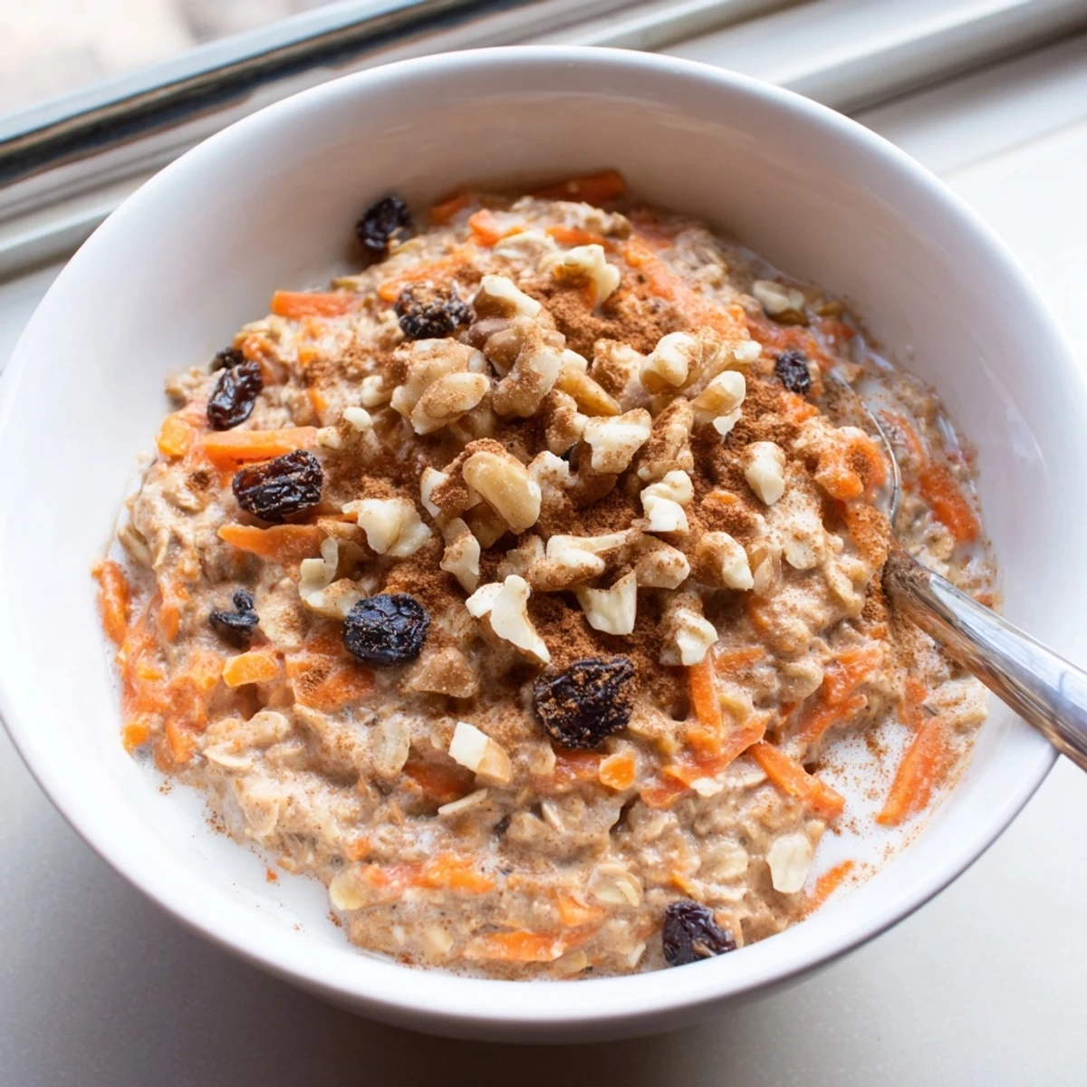 Carrot cake overnight oats with grated carrots, raisins, and spices ready to eat