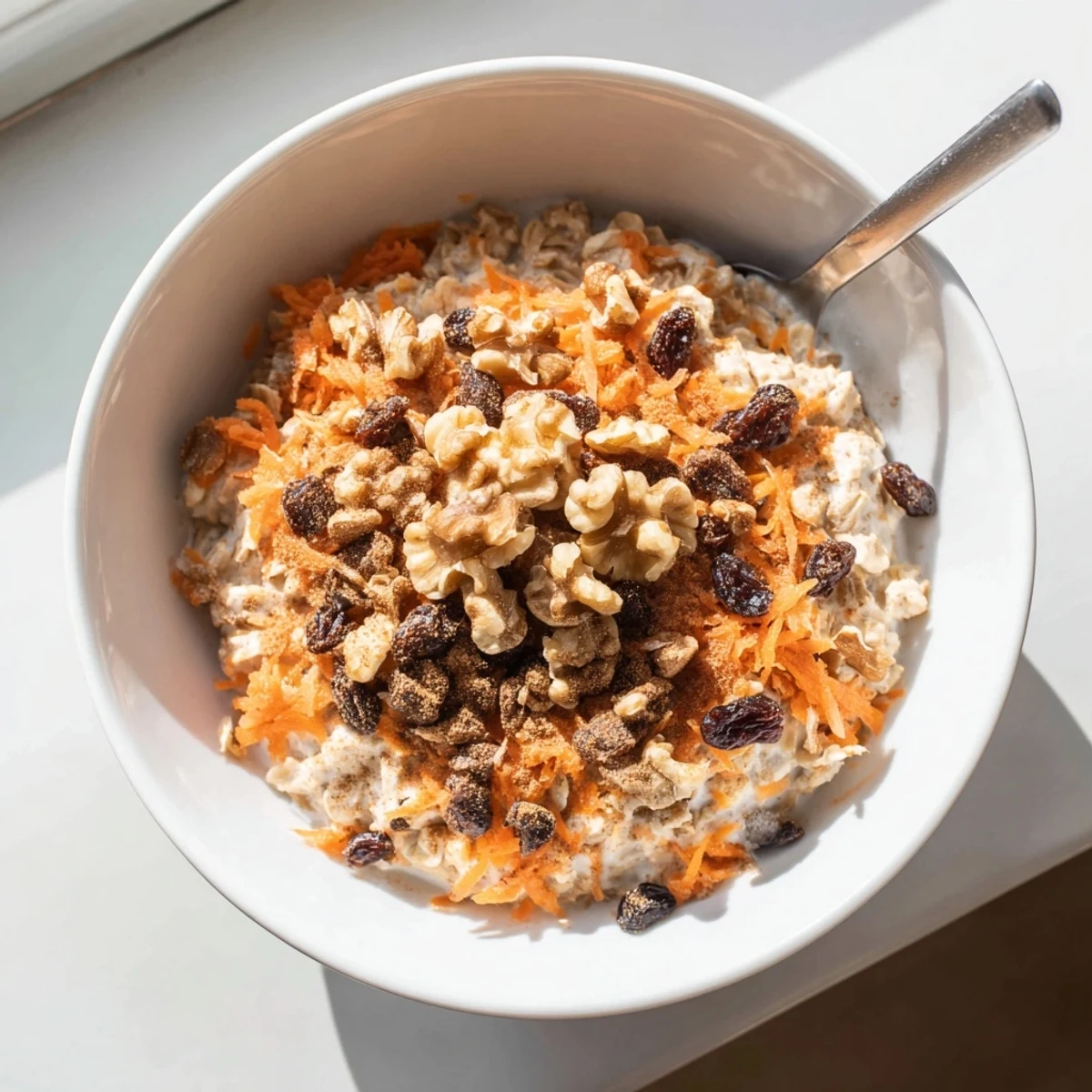 Creamy carrot cake overnight oats topped with walnuts in a glass jar