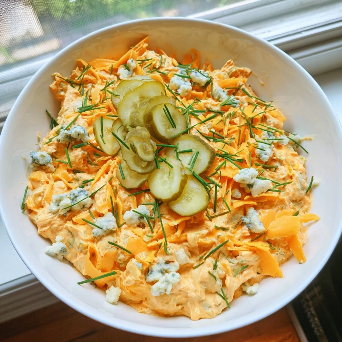 Creamy buffalo pickle dip served in a bowl with crispy chips for game day snacking