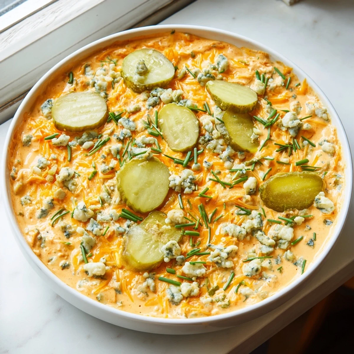 Tangy buffalo pickle dip topped with fresh chives and sliced dill pickles