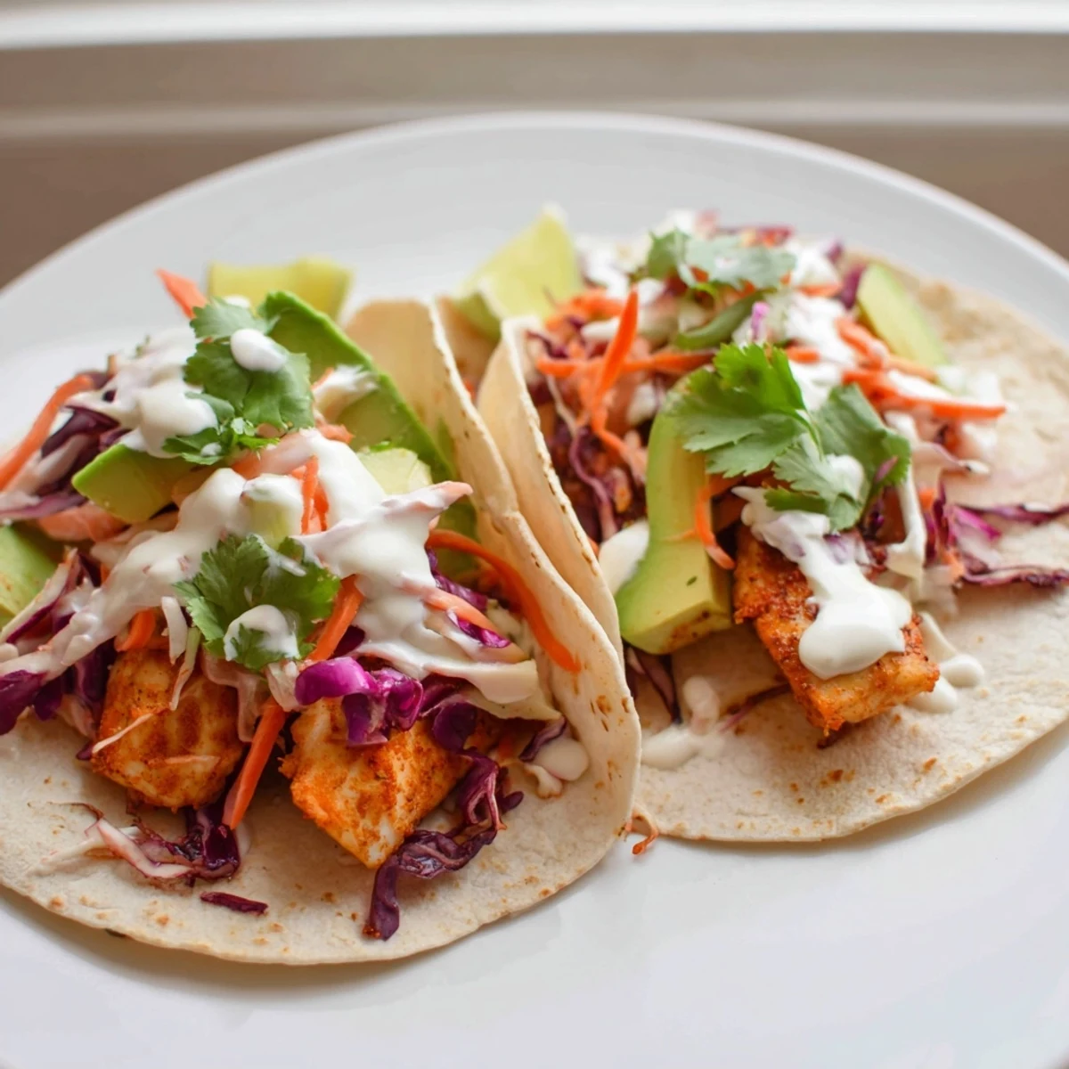 Crispy seasoned tilapia fish tacos topped with vibrant cabbage slaw and creamy zesty lime crema