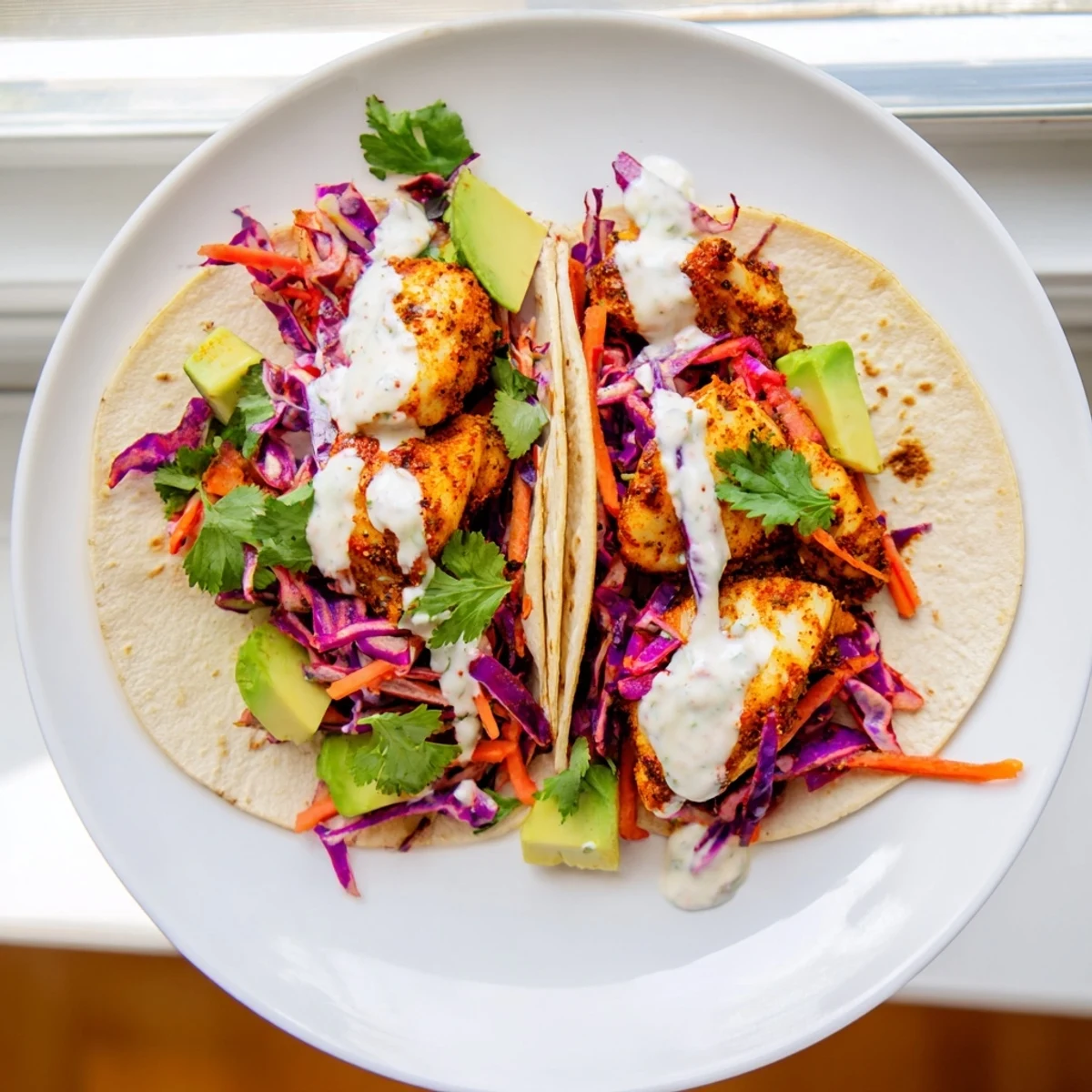 Golden flaky tilapia fish tacos in warm tortillas with fresh avocado slices and tangy sauce