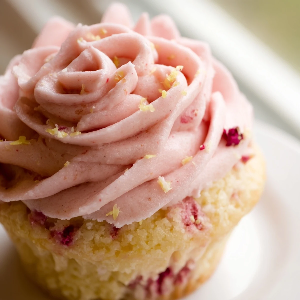 Pink frosted strawberry lemonade cupcakes topped with swirls of berry buttercream on a rustic wooden board