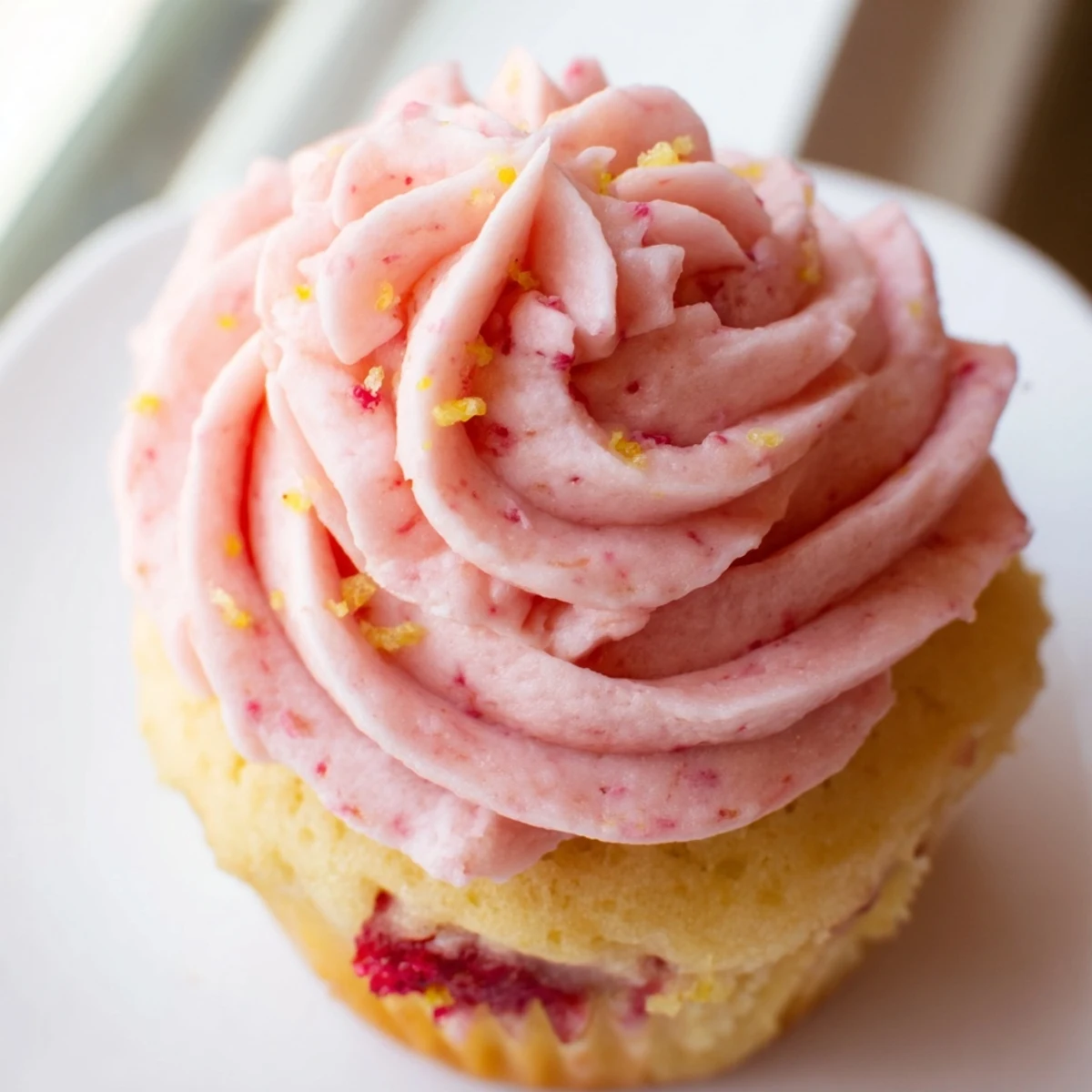 Fresh strawberry lemonade cupcakes with fluffy pink frosting piped high and garnished with bright lemon zest