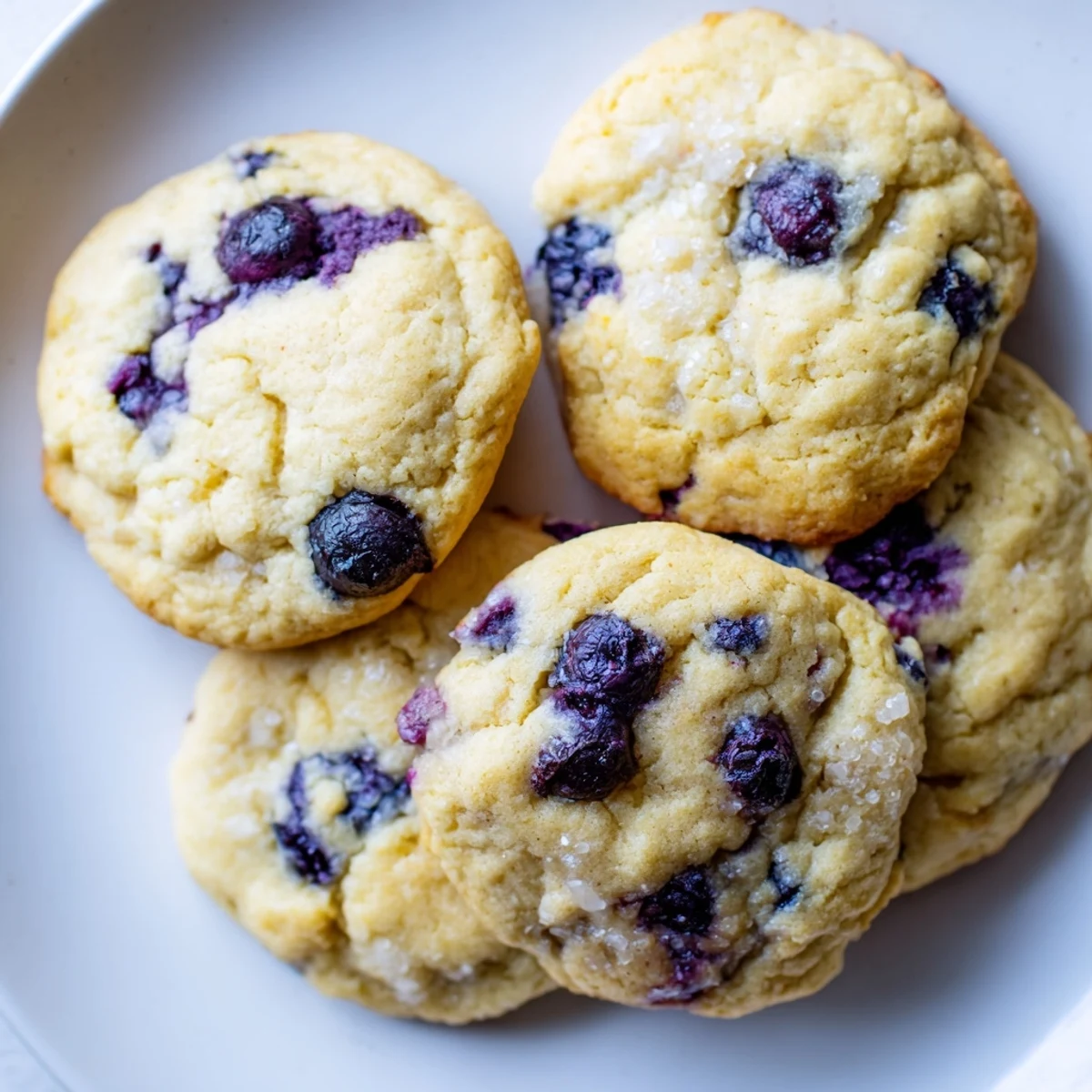Soft blueberry muffin cookies with golden edges and juicy berries on a rustic baking sheet