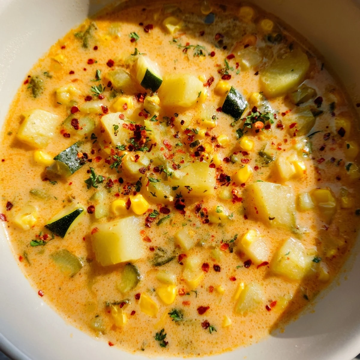 Creamy potato corn zucchini soup in a rustic bowl with fresh parsley garnish