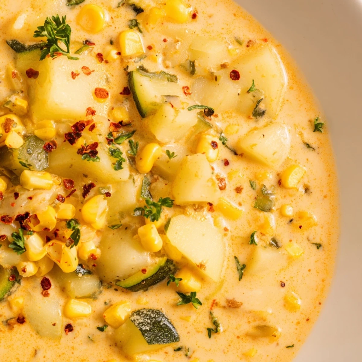 Hearty potato corn zucchini soup brimming with tender vegetables in a white bowl