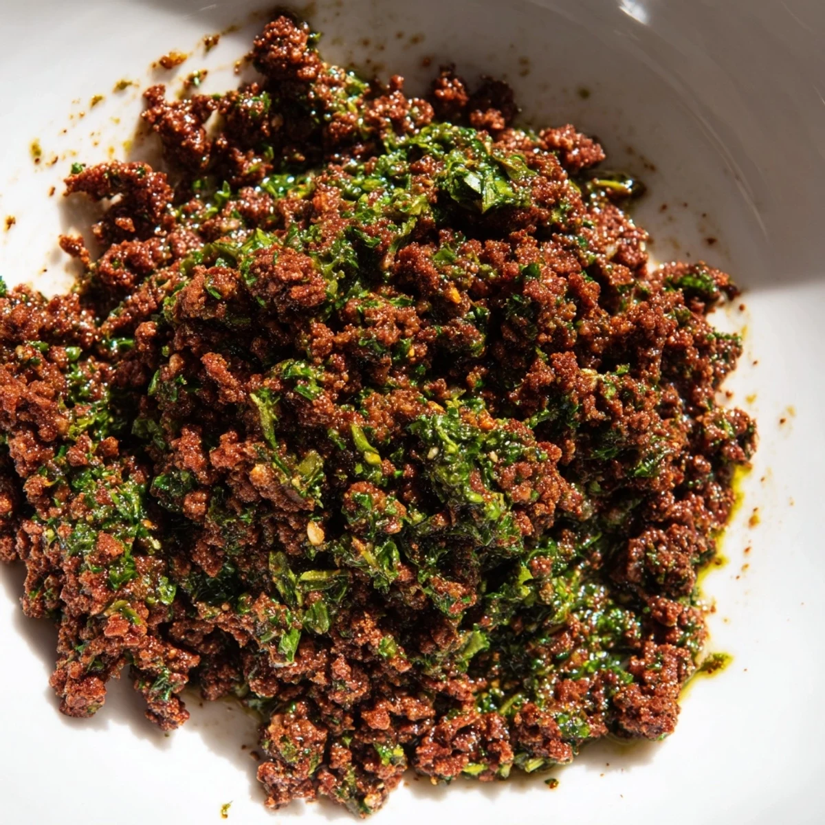 Chimichurri Ground Beef Bowls with vibrant green sauce drizzled over seasoned meat and fresh vegetables