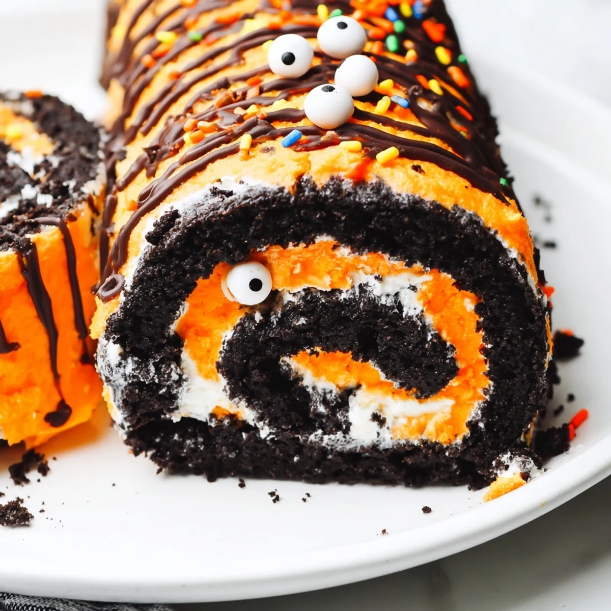 Spooky Halloween Oreo Roll slice with candy eyes and orange whipped cream filling