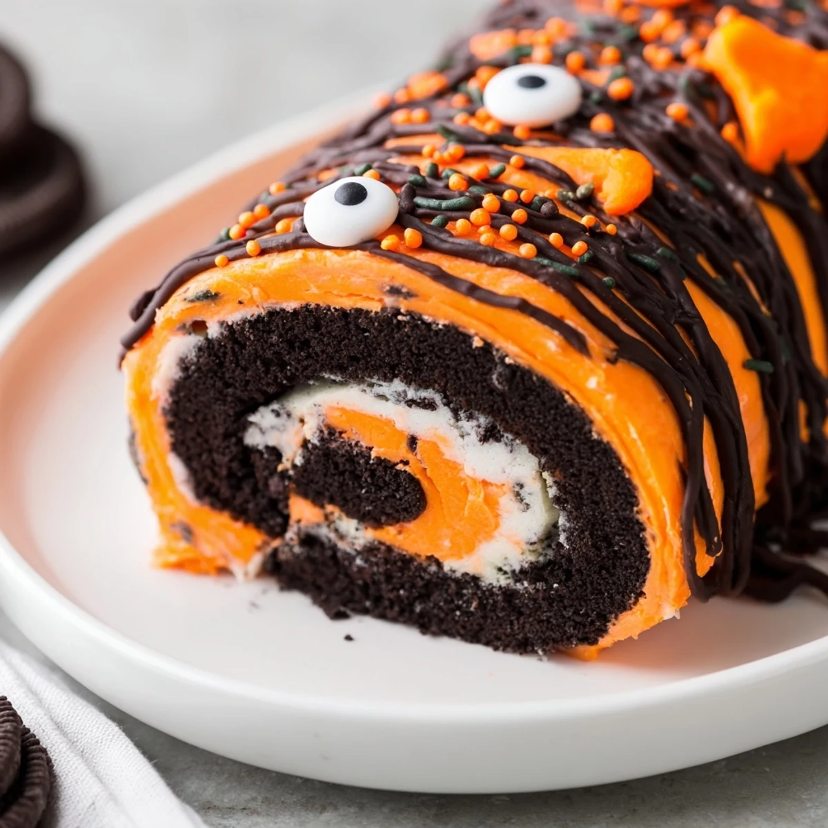 No bake Halloween Oreo Roll topped with melted chocolate drizzle and festive sprinkles