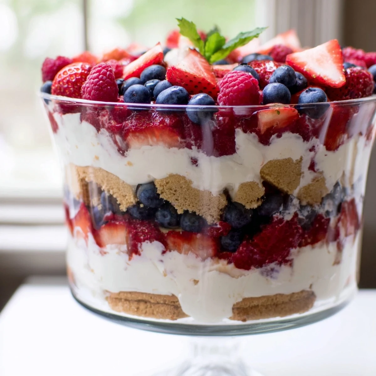 Red White Blue Mixed Berry Yum Yum layered in a clear trifle bowl with fresh strawberries