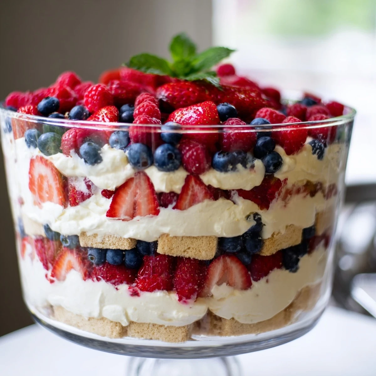 Creamy Red White Blue Mixed Berry Yum Yum topped with vibrant summer berries and mint