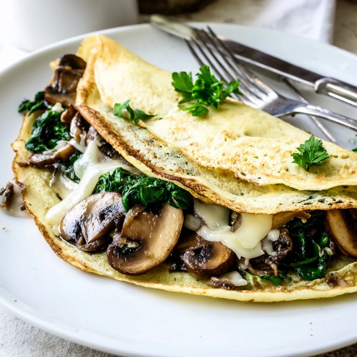 Golden savory crepes filled with sautéed spinach, mushrooms, and melted Gruyère cheese on a plate
