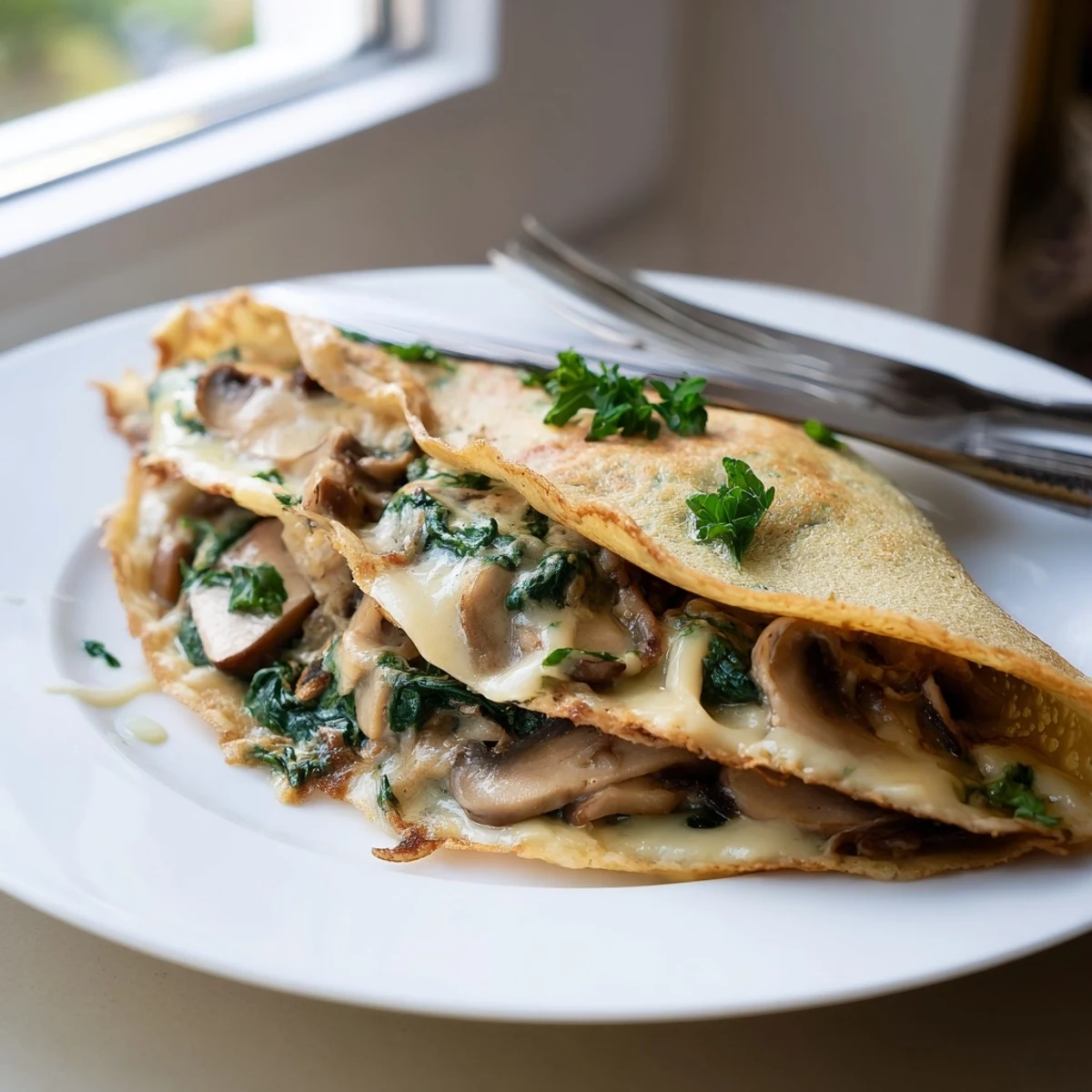 Thin French savory crepes rolled around a warm spinach and mushroom filling with melted cheese