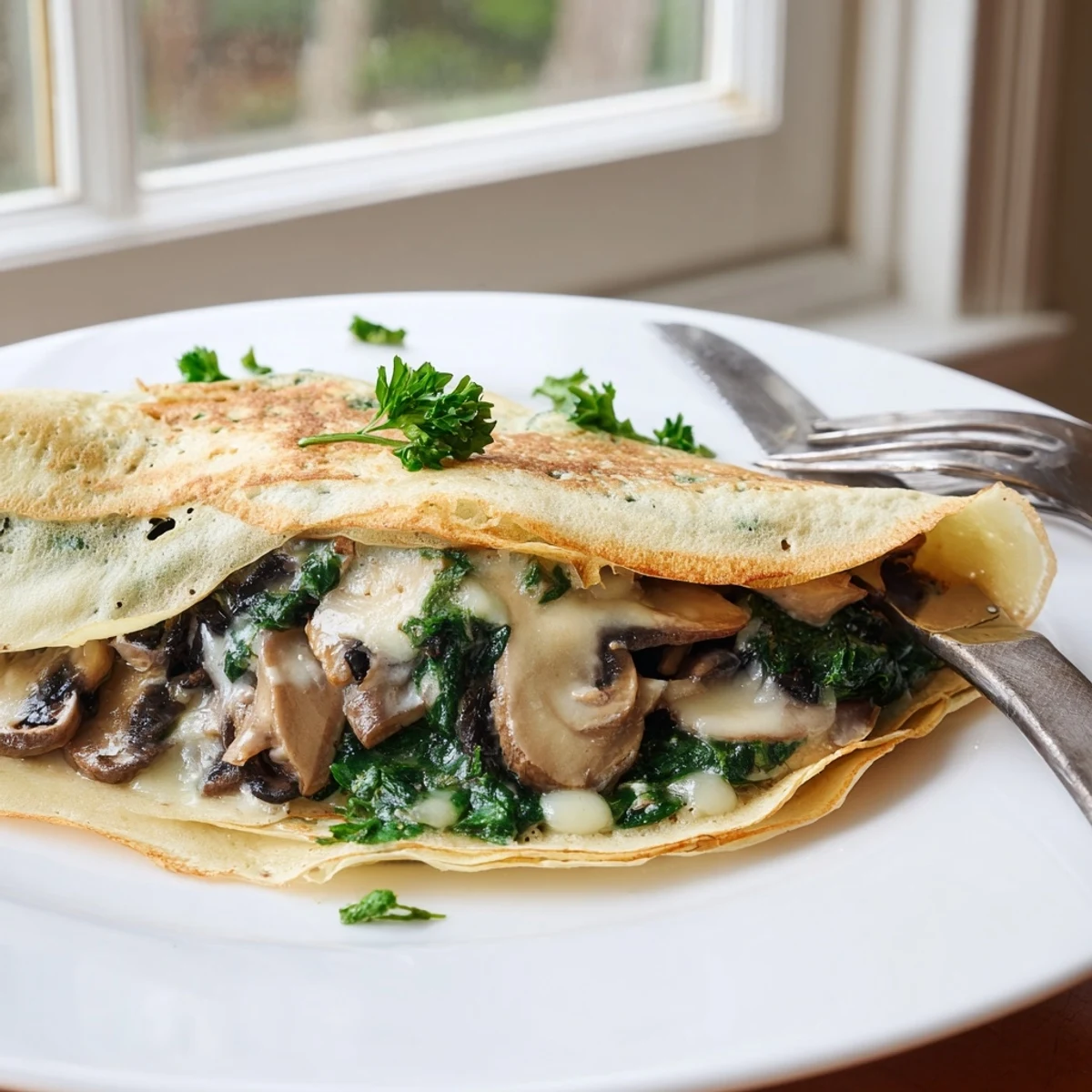 Savory crepes served fresh from the skillet, stuffed with garlicky spinach, mushrooms, and melted Gruyère