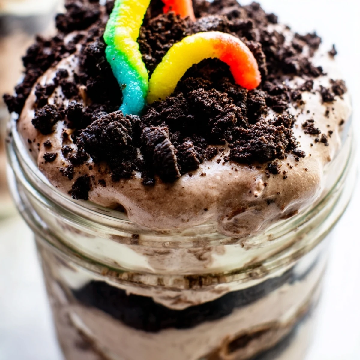 Dirt Pudding cups with chocolate pudding, crushed cookies, and gummy worms