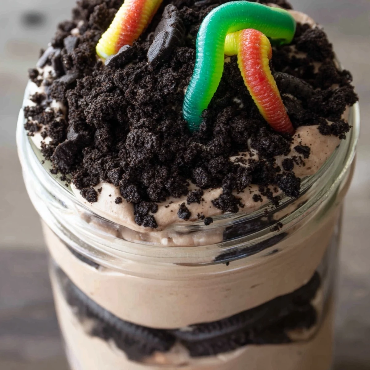 Whimsical Dirt Pudding dessert in jars featuring rich chocolate and cookie layers