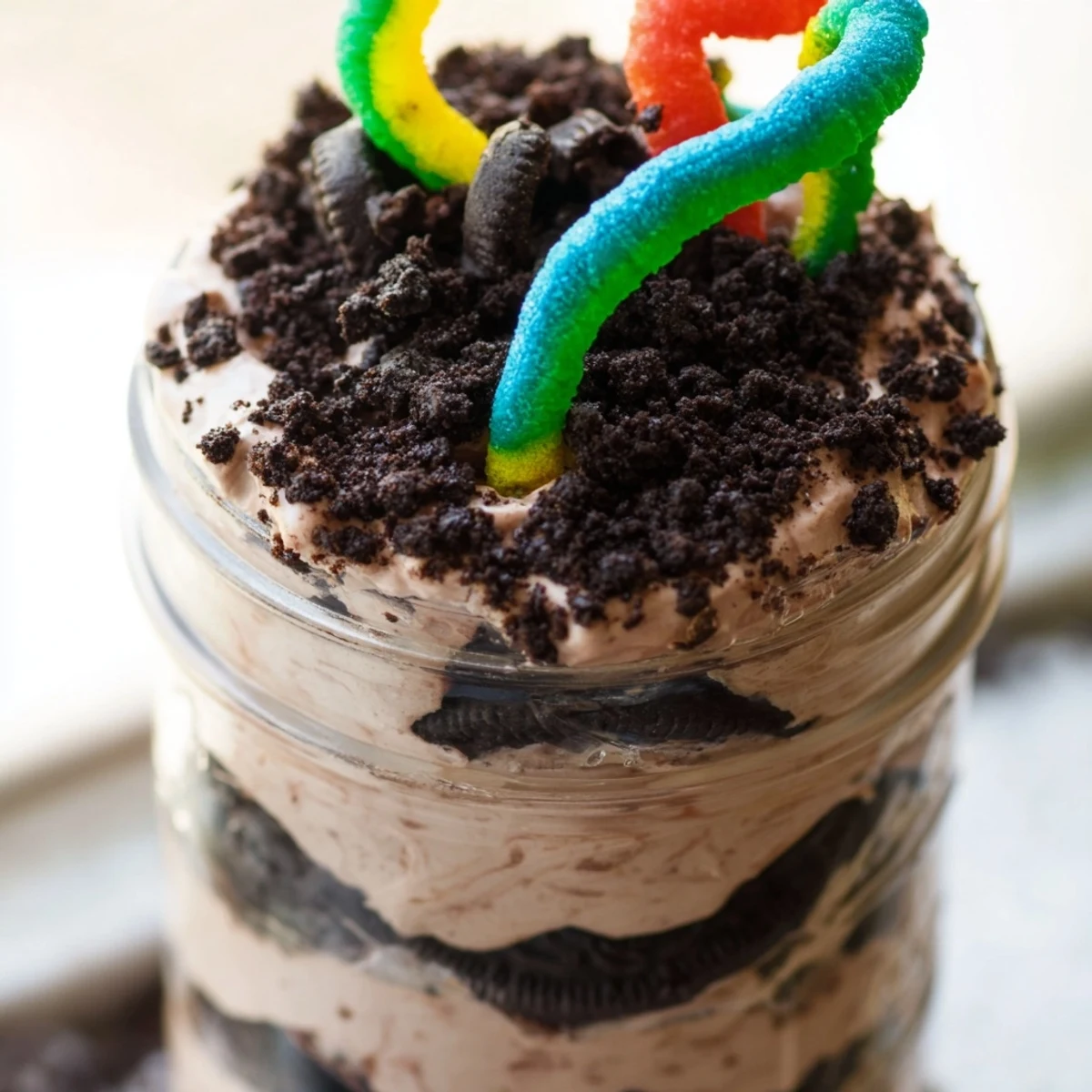 Creamy chocolate Dirt Pudding layered with Oreo crumbs and playful gummy worms