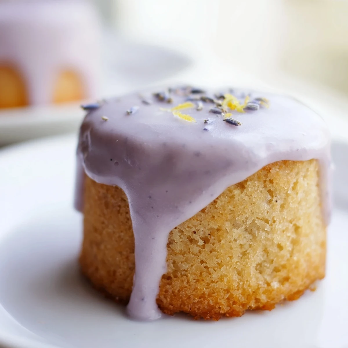 A tray of mini lemon cakes with lavender glaze set on a cake stand