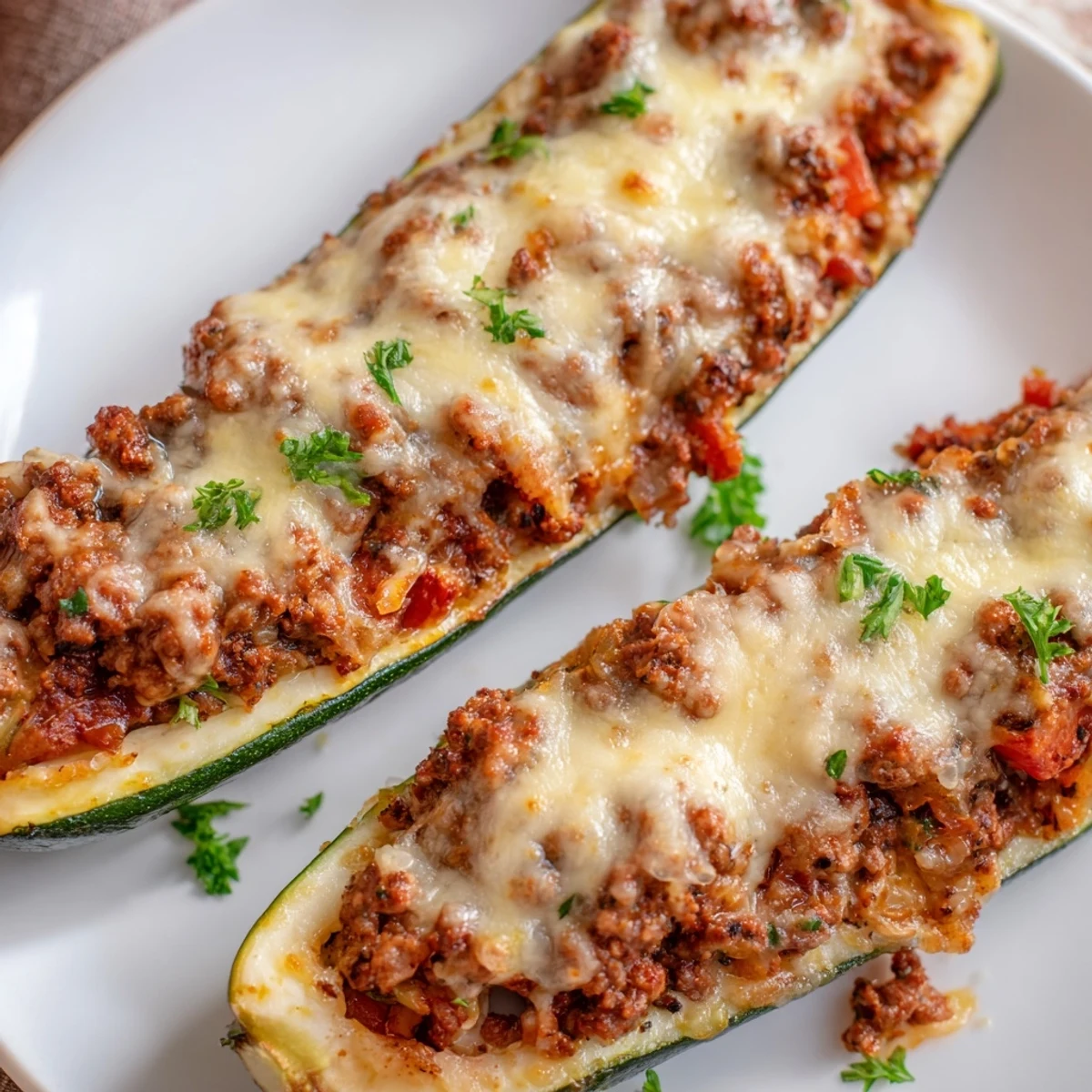Golden baked stuffed zucchini boats with ground beef and melted mozzarella cheese