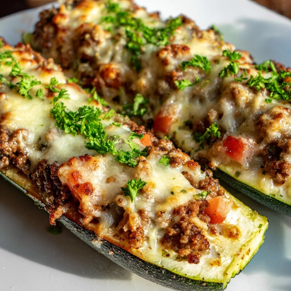 Tender zucchini halves filled with savory ground beef mixture topped with Parmesan