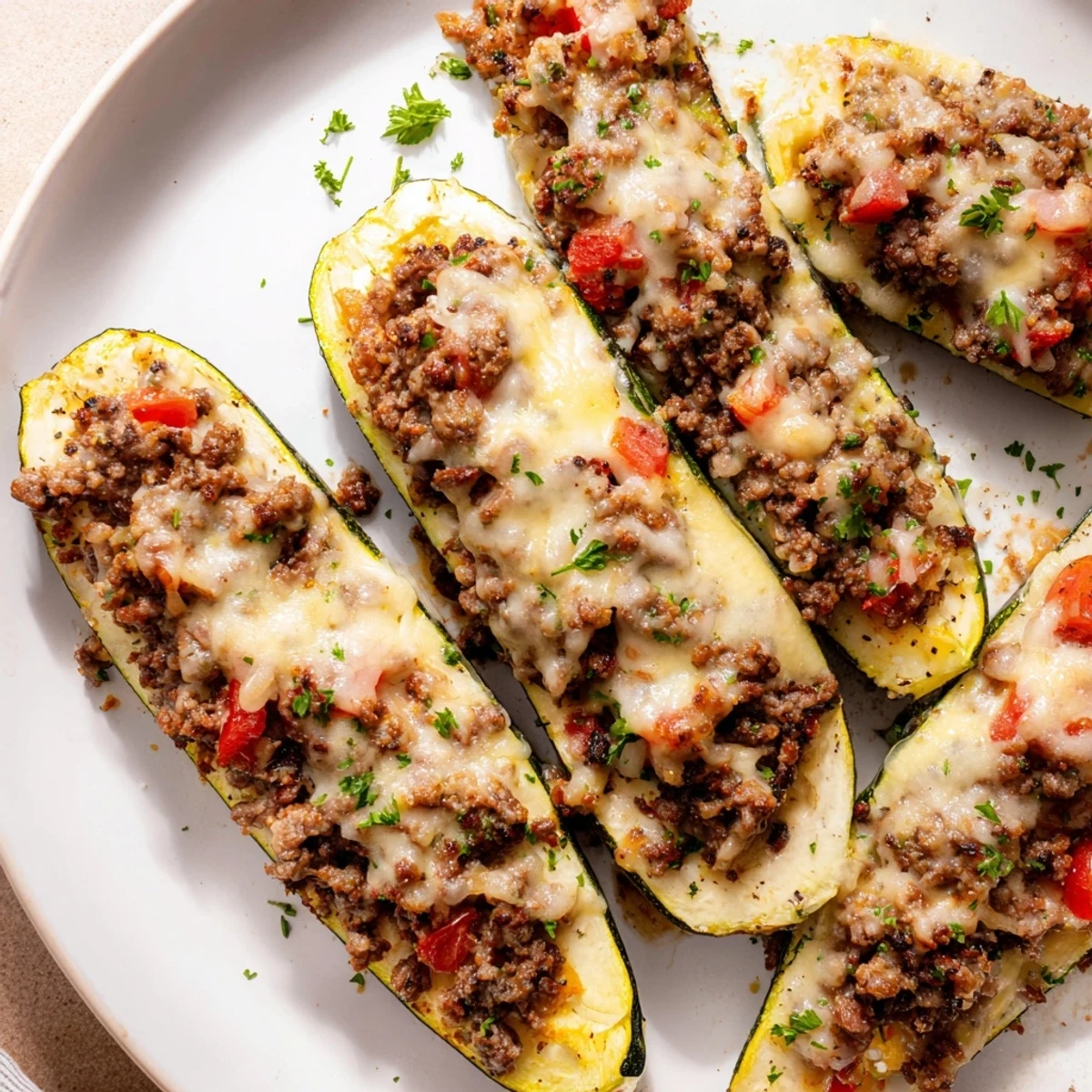 Crispy cheese-topped stuffed zucchini boats with ground beef served on a white plate