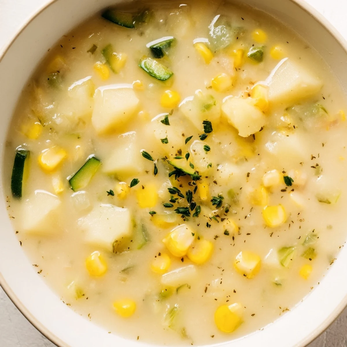 Steaming bowl of hearty potato corn zucchini soup garnished with fresh parsley