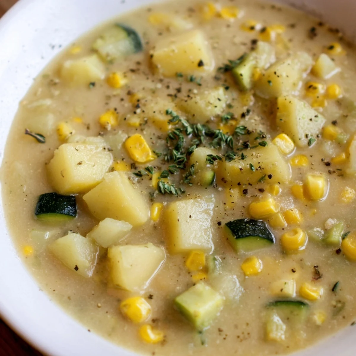 Golden corn and tender diced potatoes in a creamy vegetarian soup bowl