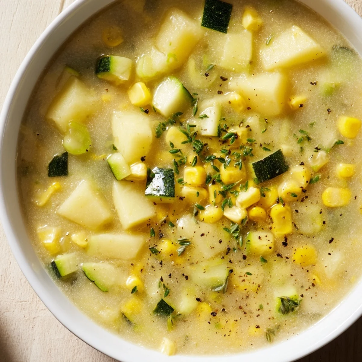 A comforting bowl of hearty potato corn zucchini soup served hot with crusty bread