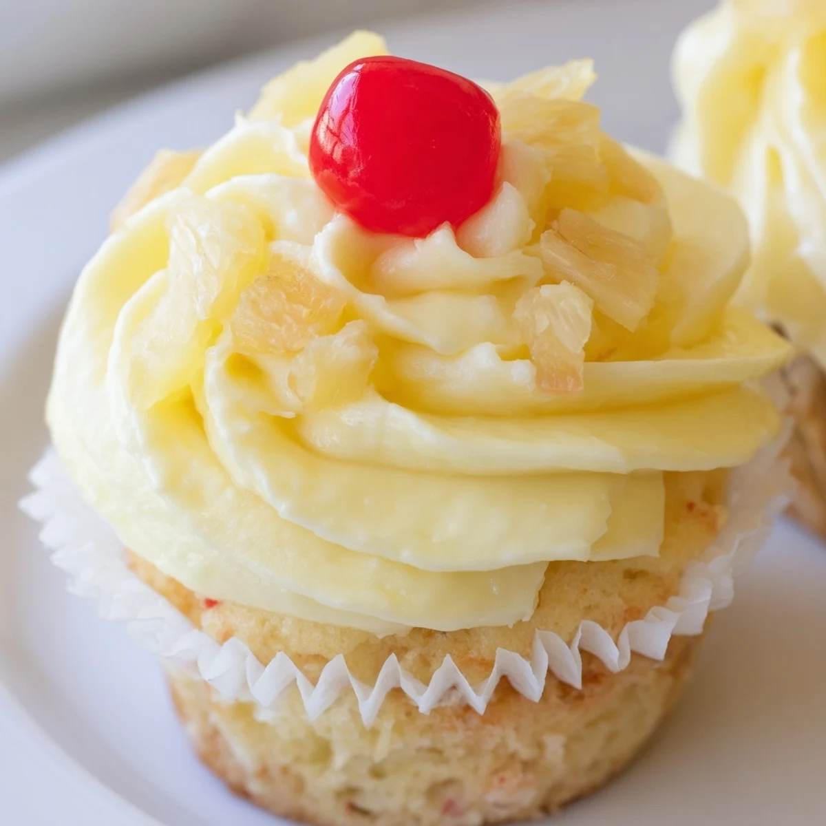 A tray of moist Dole Whip Cupcakes piped with fluffy yellow whipped frosting