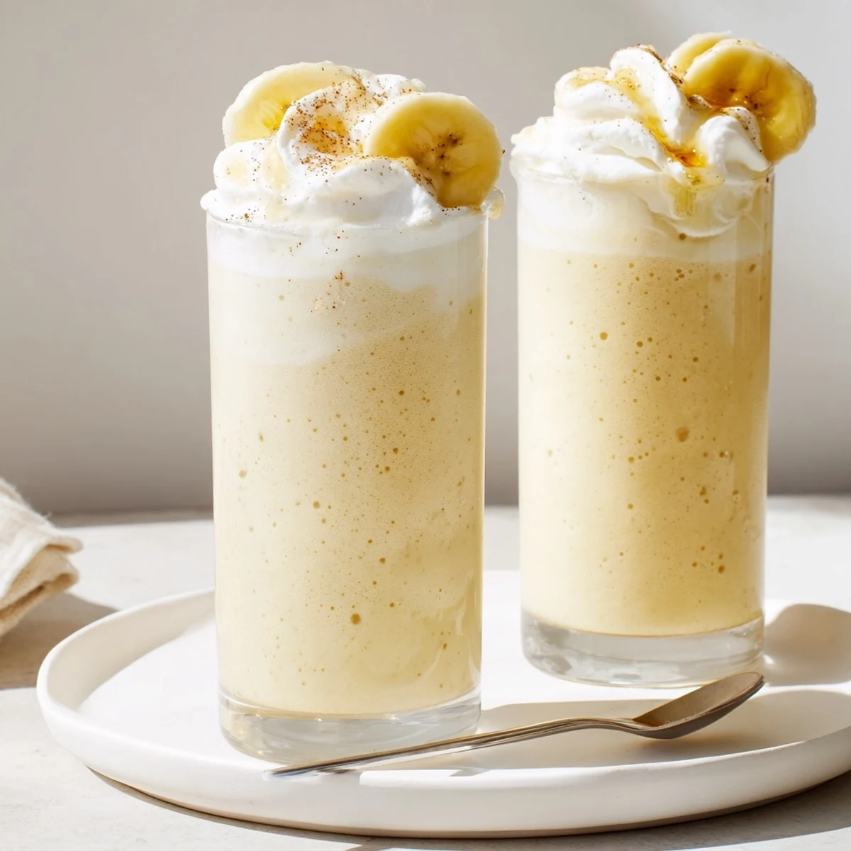 Frothy Vanilla Banana Shake in chilled glass, topped with banana slices