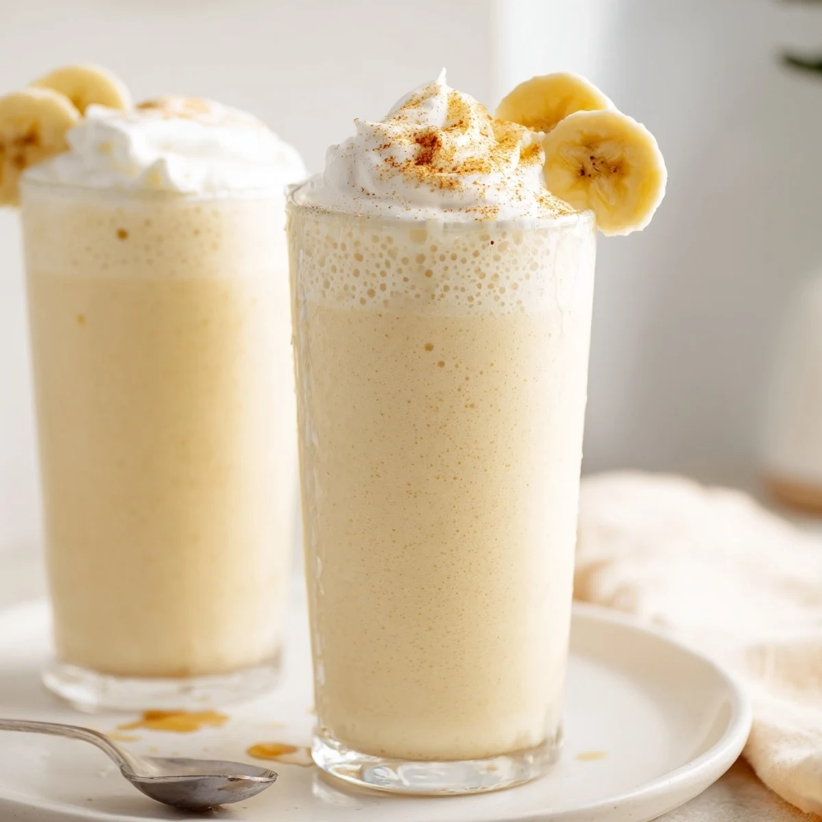 Creamy Vanilla Banana Shake blended with maple syrup, cinnamon sprinkle