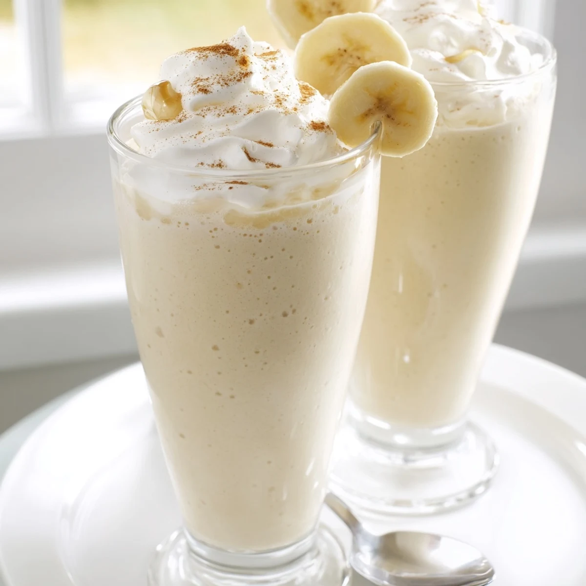 Cold Vanilla Banana Shake poured beside straw, whipped cream crown optional