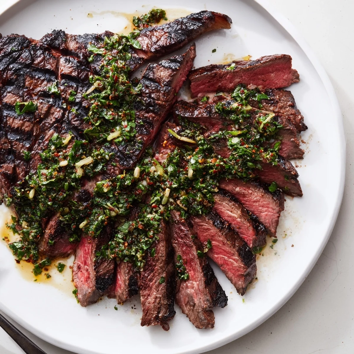 Chimichurri Steak Recipe: juicy grilled ribeye topped with vibrant herby sauce