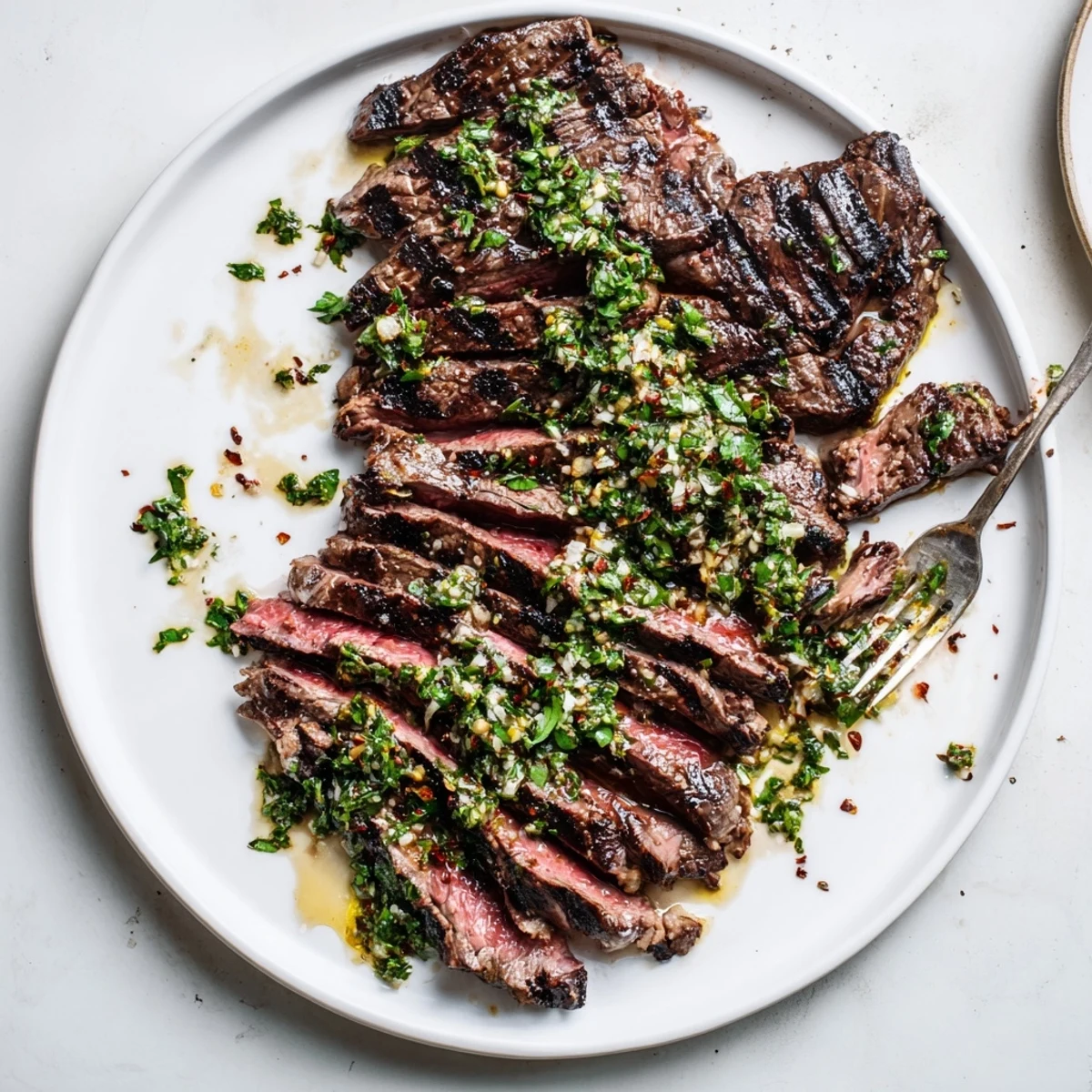 Smoky charred Chimichurri Steak Recipe served sliced with extra sauce and lemon