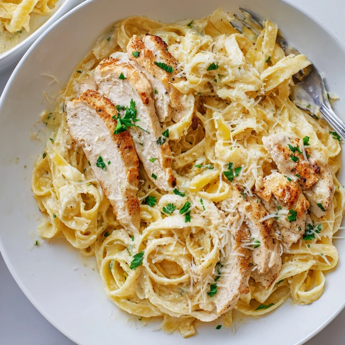 Creamy Garlic Chicken Pasta piled on plate, steaming, rich sauce glistening