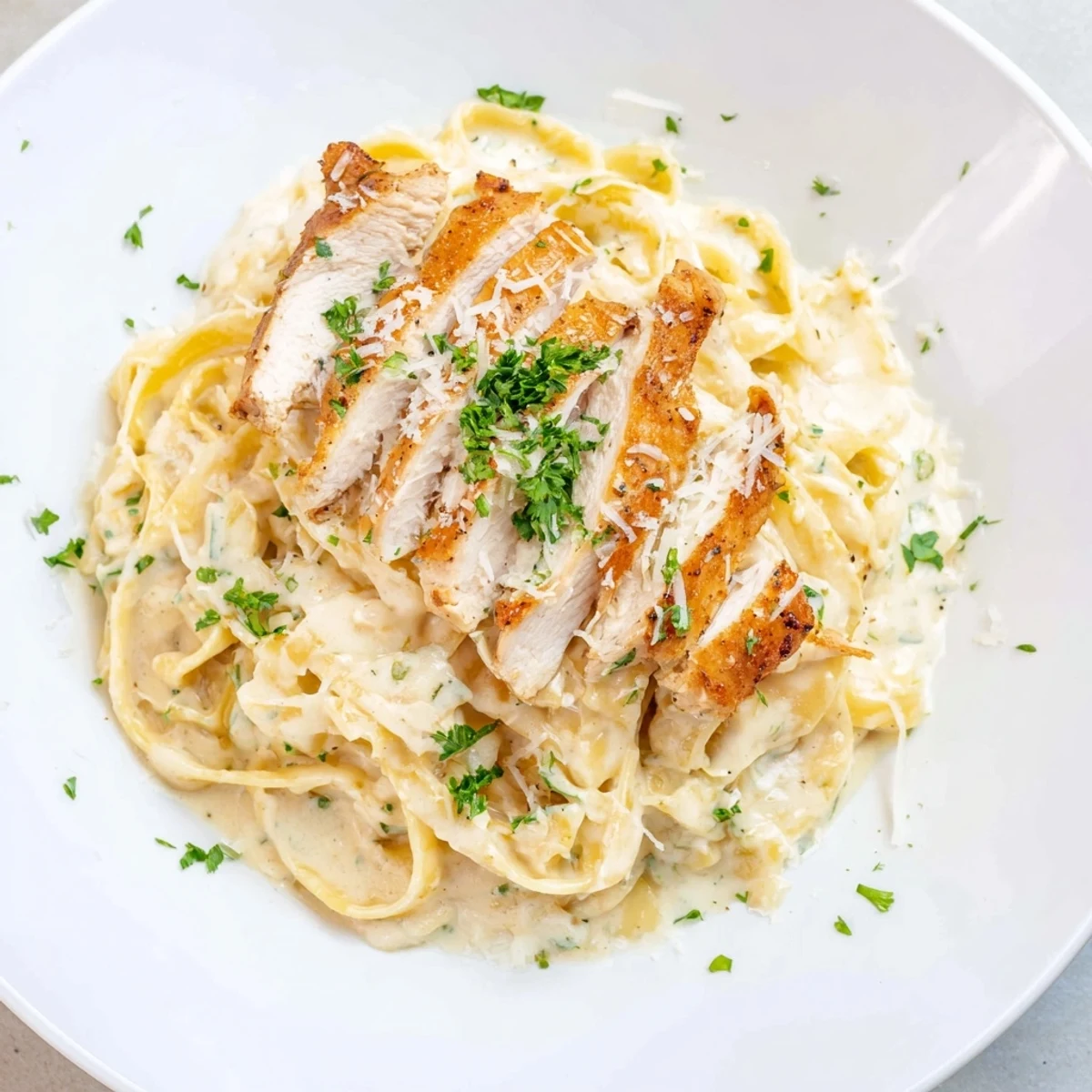 Fork twirling Creamy Garlic Chicken Pasta with parsley garnish and al dente fettuccine