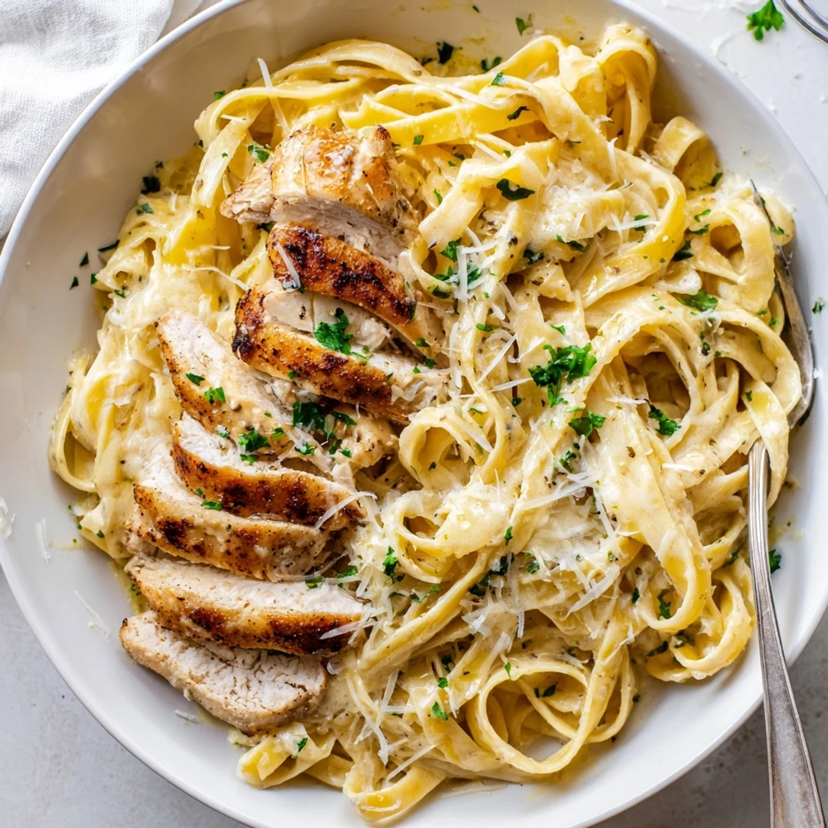 Sliced breasts atop Creamy Garlic Chicken Pasta, garlicky aroma, quick weeknight comfort