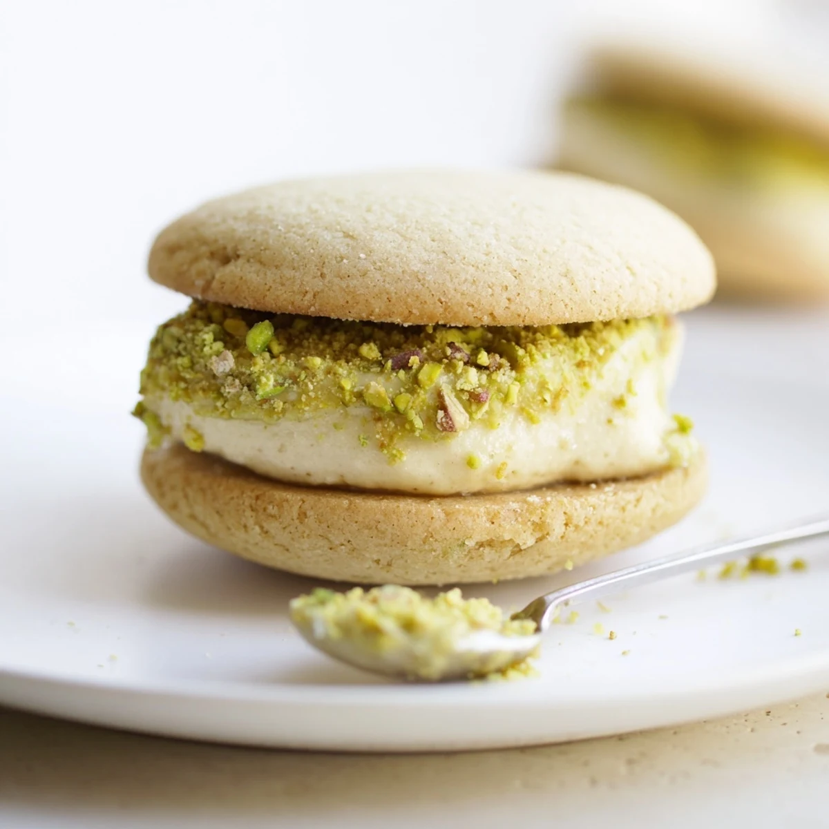 Pistachio Cream Cookies Recipe showcased on a plate, buttery sandwiches, chopped pistachios  