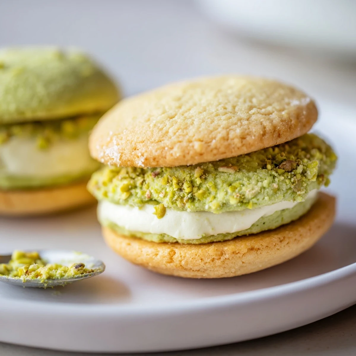 Homemade Pistachio Cream Cookies Recipe, tender crumb, white chocolate pistachio filling