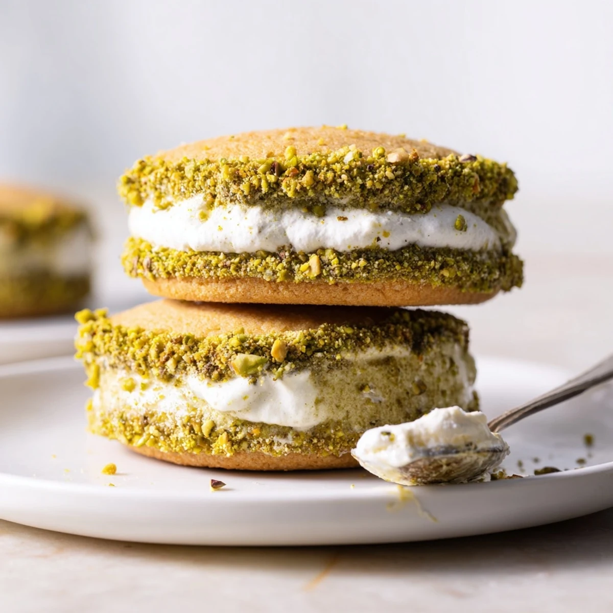 Warm Pistachio Cream Cookies Recipe stacked beside a teacup, green filling visible  