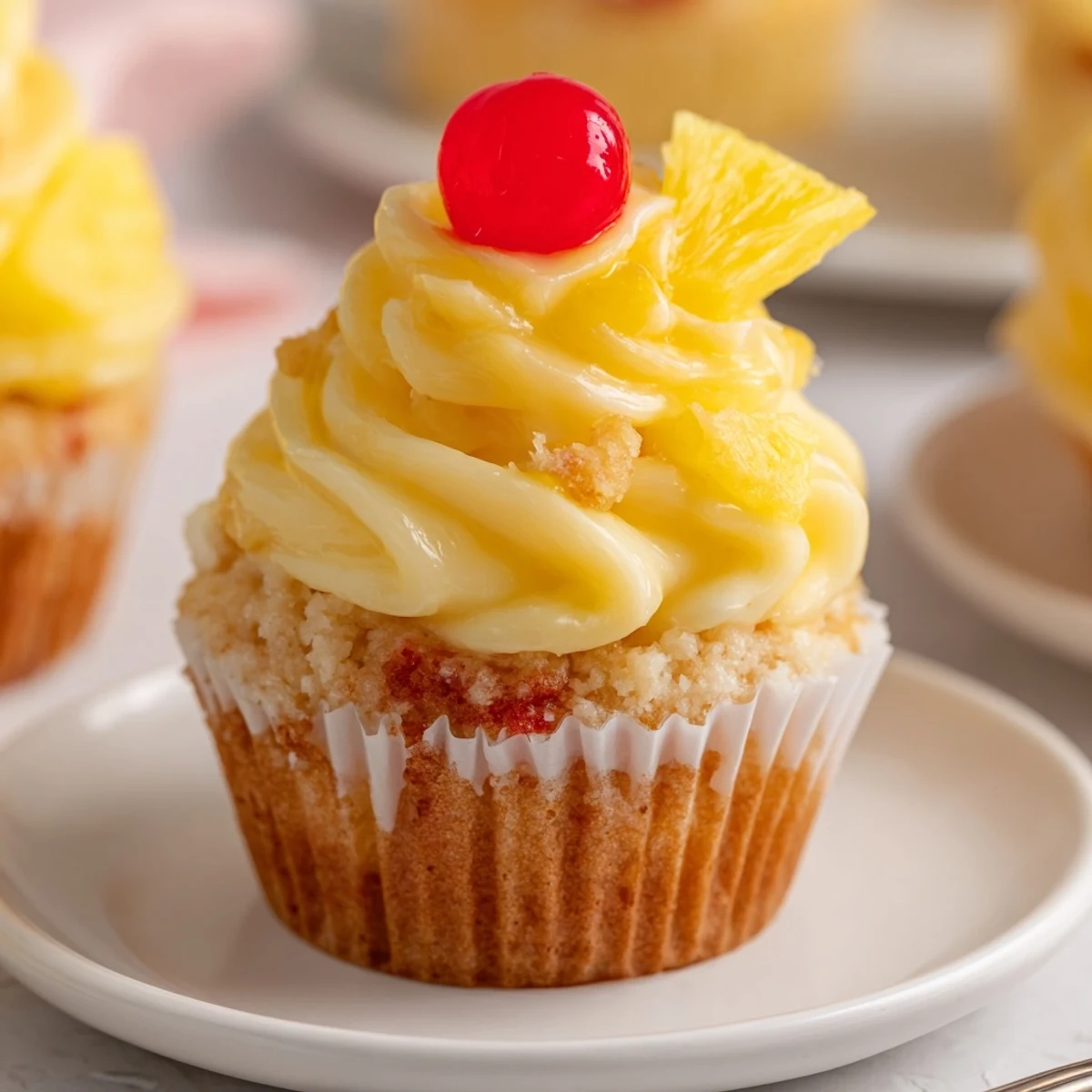 Mini tropical Dole Whip Cupcakes Recipe plated with maraschino cherry and dried pineapple