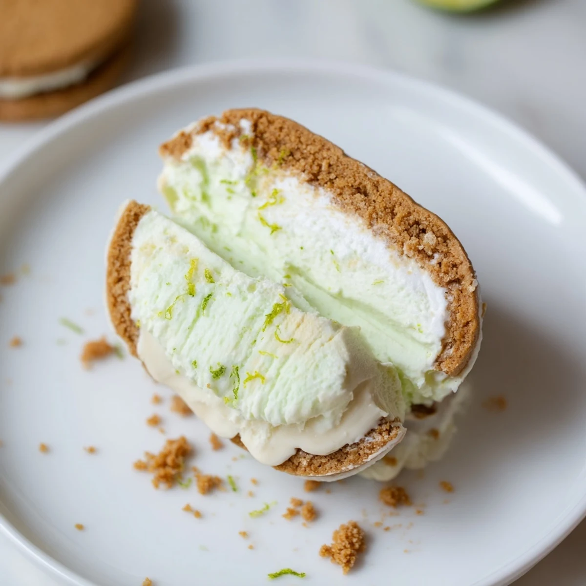 Creamy, tangy Key Lime Pie Ice Cream Sandwiches on golden graham cookies.