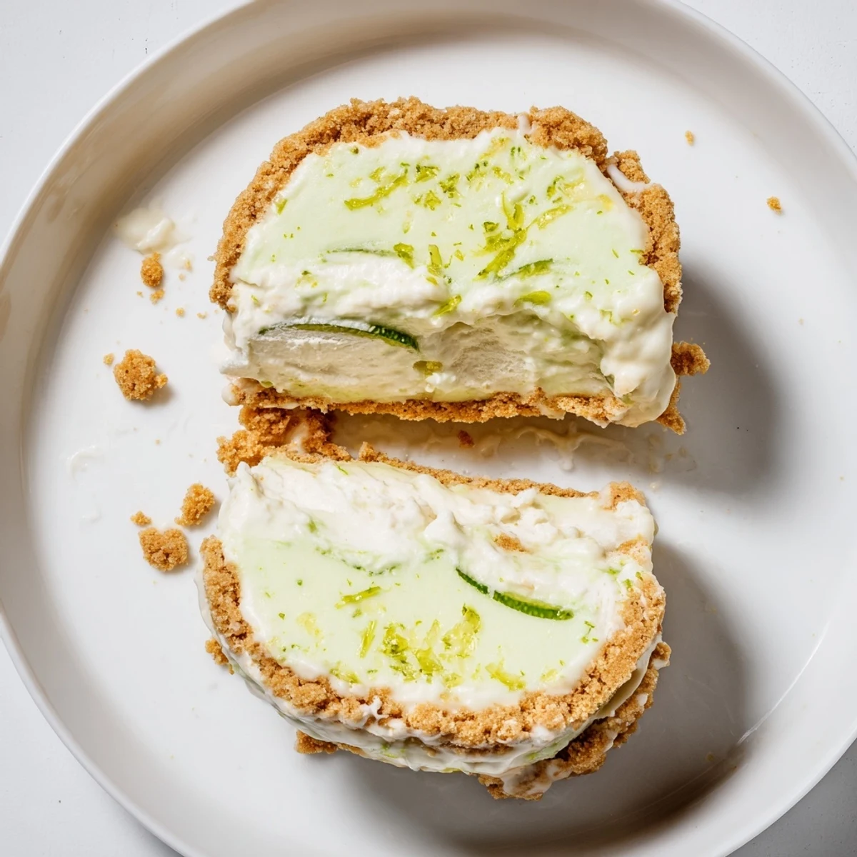 Chilled Key Lime Pie Ice Cream Sandwiches rolled in crushed graham cracker edges.