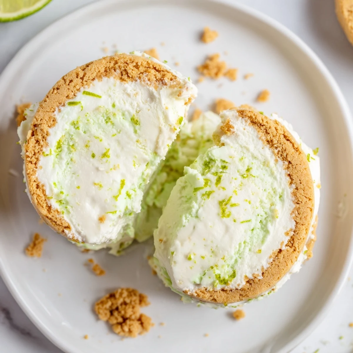 Bright, zesty Key Lime Pie Ice Cream Sandwiches halved to reveal smooth filling.